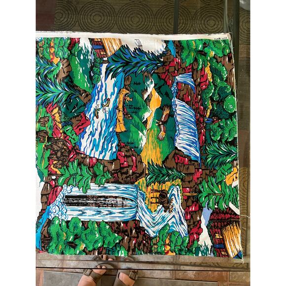 Vintage Fabric Sewing Woods Outdoor River Log Cabin Blue Green 45”x 70" - Picture 7 of 9